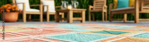 Colorful geometric patterned outdoor area rug on  modern patio with wooden furniture sets