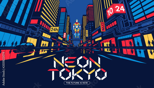 Very beautiful Tokyo cyberpunk poster featuring neon streets, futuristic skyscrapers, glowing holograms, and vibrant rainy reflections in dramatic retro-futuristic vector illustration style.