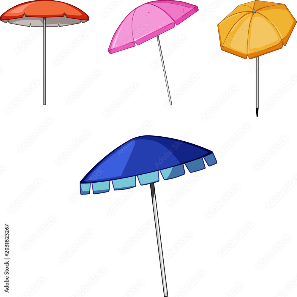 Obraz premium Four colorful beach umbrellas on a white background offering sun protection and shade, evoking summer vacations, relaxation, outdoor leisure and warm weather travel essentials