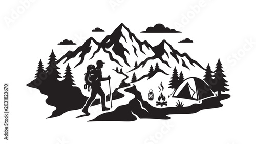 Mountain Hiking Adventure Silhouette Illustration