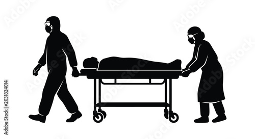Valokuva Medical personnel transporting patient on stretcher healthcare workers in protec