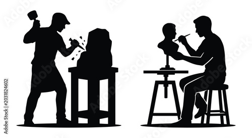 Photos two sculptors working on stone statues with tools artistic craftsmanship silhoue