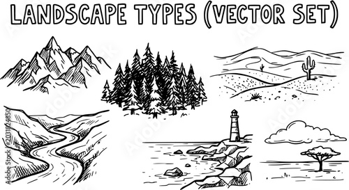 Billede på lærred Black and White Hand Drawn Landscape Types Vector Set - Mountains, Forest, Deser