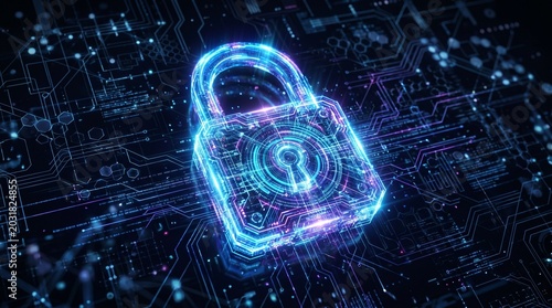 Cyber Security Concept with Glowing Digital Lock and Secure Network Background
