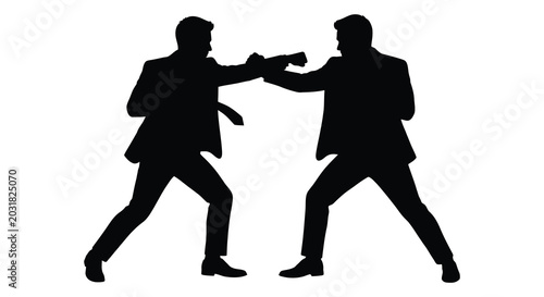 Schilderij op canvas Two businessmen fighting a physical altercation in suits black silhouette