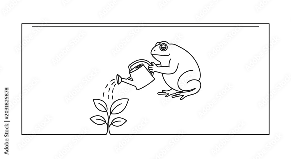 Fototapeta premium Cute Frog Watering a Small Plant with a Watering Can, Growth Concept