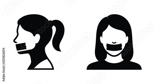 Konstfotografi Woman s face with censored mouth black silhouette with two views on white backgr