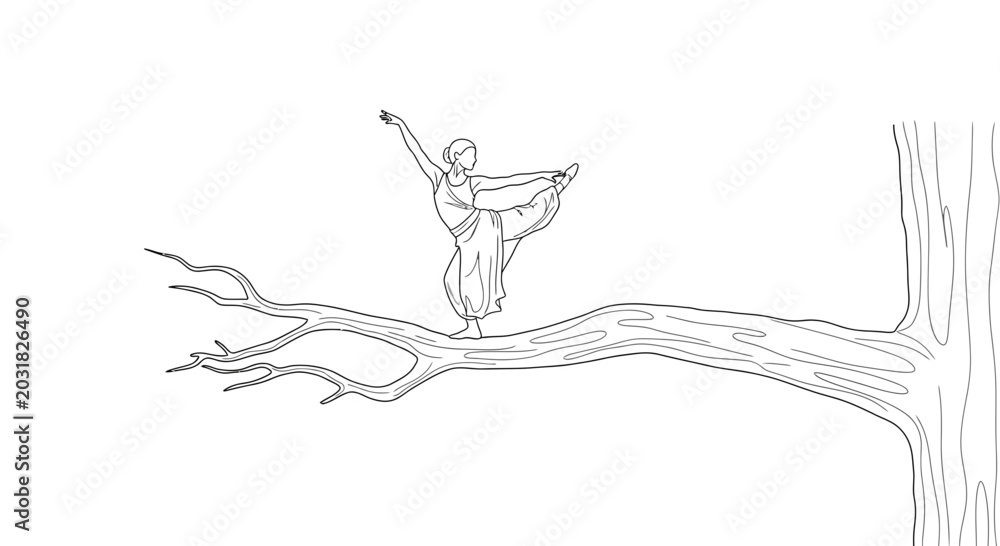 Obraz premium Graceful Dancer Performs Yoga Pose on Tree Branch