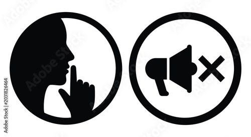 Valokuva Quiet please and no sound icons as black silhouettes on a white background silho