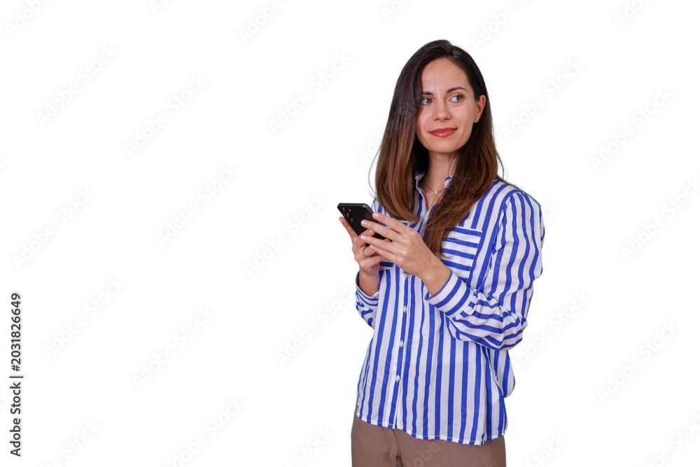 Fototapeta premium Woman holding smartphone and looking away, communicating and connecting with copy space on transparent background