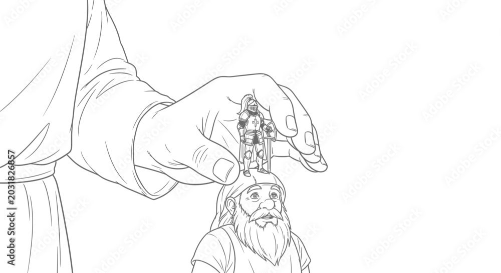 Fototapeta premium Giant Hand Places Tiny Knight Figure on Bearded Man's Head