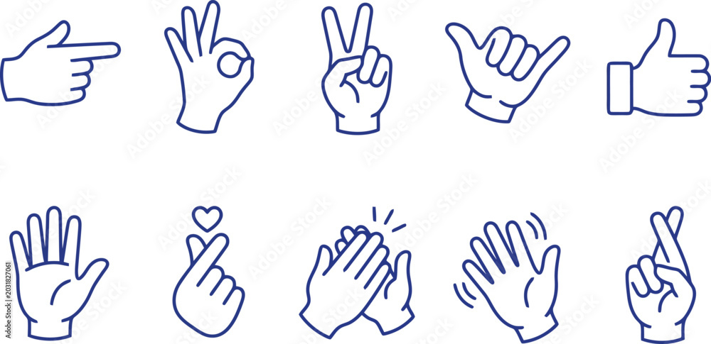 Fototapeta premium Human Hand Gestures and Communication Symbols Vector Icon Set for Social Media, Mobile Apps & User Interface Design (EPS)