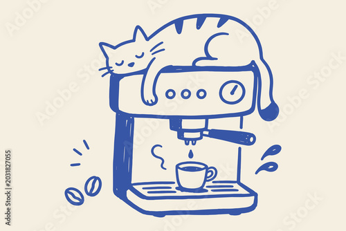 Photography Cat on Coffee Machine Doodle Sketch Vector Illustration