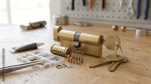 Disassembled brass cylinder lock mechanism with small internal springs and pins arranged carefully on a wooden workbench next to a ring of shiny metallic keys in this detailed professional photograph.