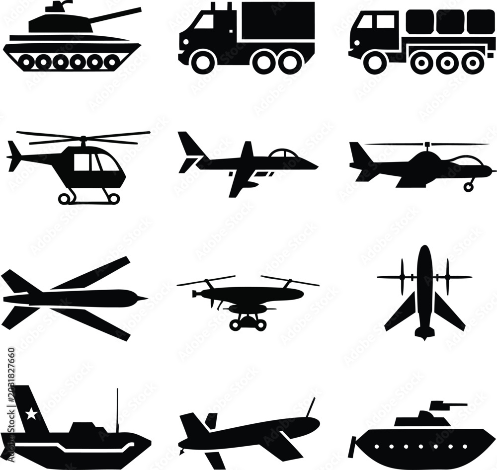 Obraz premium Military and Emergency Vehicles Silhouette Vector Icon Set