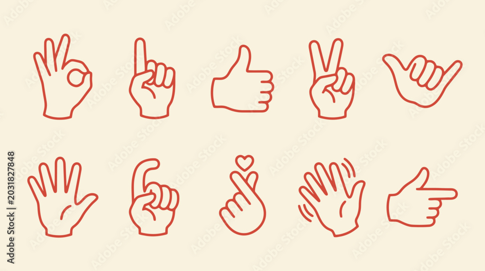 Fototapeta premium Minimalist Human Hand Gestures Line Art Vector Icon Set for Social Media Communication, User Interface Design & Mobile Apps (EPS)