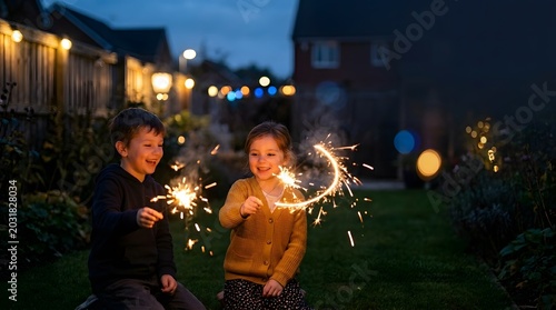 Happy young boy and girl playing with glowing sparklers in a backyard garden at dusk during a festive celebration with family.