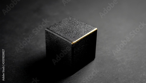 Photorealistic 8K Image of Minimalist Obsidian Cube and Radiant Metallic Linear Glow