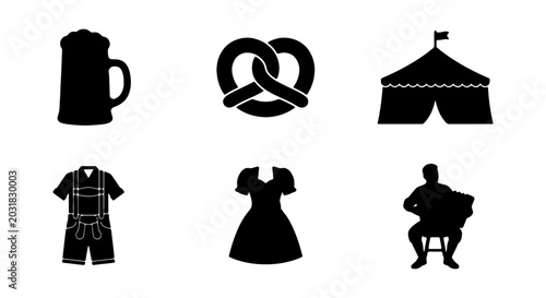 Photos Oktoberfest Icons: Beer Mug, Pretzel, Tent, Lederhosen, Dirndl, Accordion Player