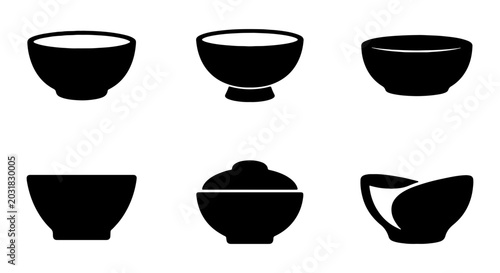 Tableau sur toile Set of 6 Black Bowl Icons, Food Containers, Serving Dishes, Kitchenware Vector G