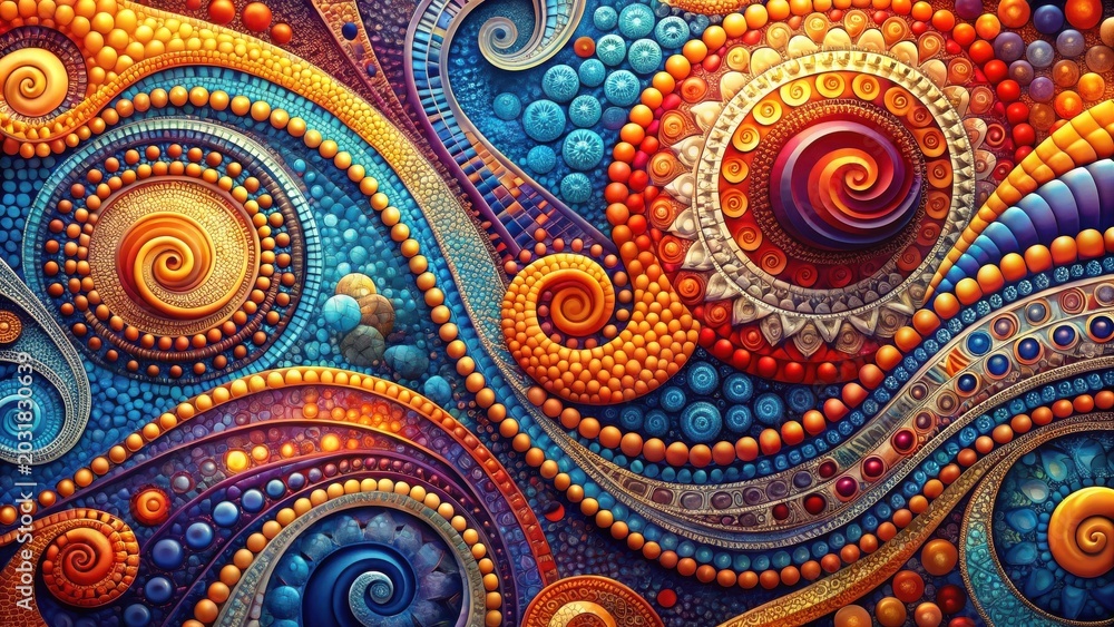 Fototapeta premium Intricate Swirling Mosaic Pattern with Vibrant Jewel Tones and Organic Shapes in a Circular Design