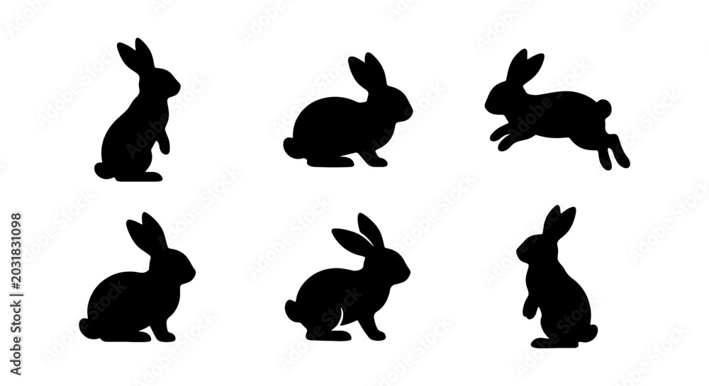 Fototapeta premium Black Rabbit Silhouettes, Cute Bunny Icons, Easter Animal Vector Set, Spring Celebration Graphics