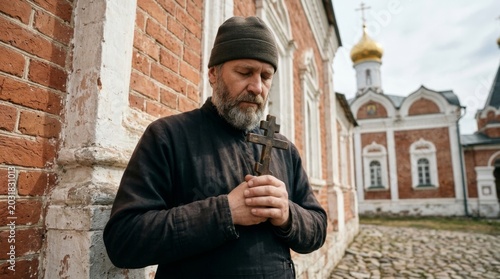 A pensive elderly monk holds a wooden cross in front of an ancient Orthodox church and prays. He is dressed in black. He serves God. He is a novice at the monastery.
