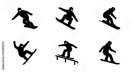 Foto Snowboarder Silhouette Icons: Action Poses, Winter Sports, Extreme Activity Grap