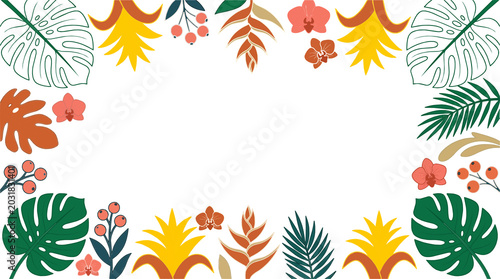 Tropical Botanical Border with Monstera Leaves and Exotic Flowers on White Background, Flat Vector Illustration Frame for Brazil Summer Wedding Invitations and Nature Event Layouts