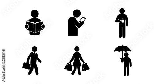 Stick Figure Icons: Reading, Mobile Use, Coffee, Walking, Shopping, Umbrella, Vector Set