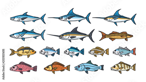 Tableau sur toile Array of Fish Species: A collection of diverse fish illustrations, showcasing various species with detailed scales and fins, representing underwater life and aquatic diversity