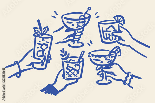Hands Holding Cocktails Doodle Sketch Vector Illustration