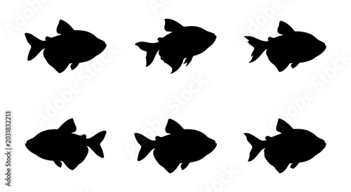 Bild auf Leinwand Six Black Fish Silhouettes, Aquatic Life Icons, Simple Vector Graphics for Marin