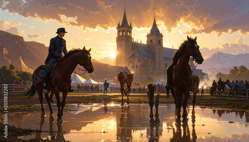 Equestrian scene horses castle