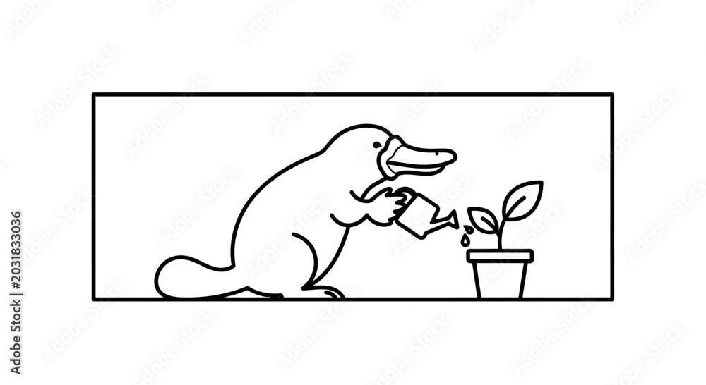 Fototapeta premium Cute platypus watering a small plant in a pot, cartoon style