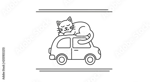 Cute sleeping cat on top of a car, line art illustration
