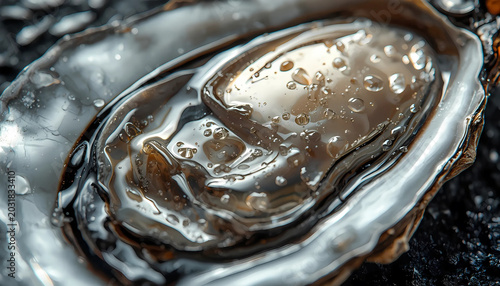 Closeup of an open oyster shell with water droplets on a dark surface