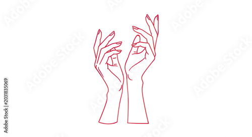 Konstfotografi Elegant Red Line Art Hands Reaching Upwards on White Background