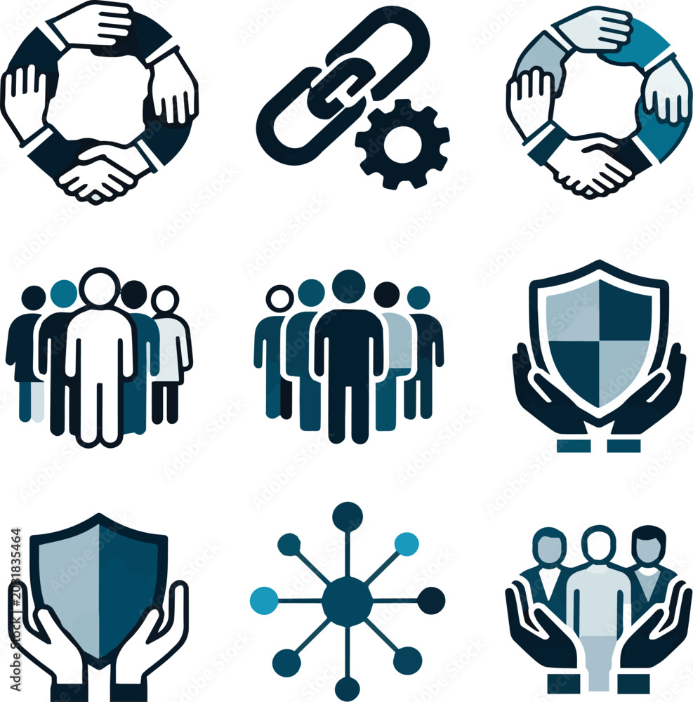 Fototapeta premium Isolated a Teamwork solid icons featuring collaboration cooperation partnership community, unity business management organization team, and support help people group editable vector art .