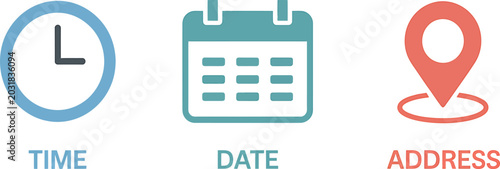 Colorful icons representing time date and address information for documents