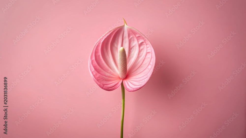 Fototapeta premium A Delicate Pink Anthurium Flower on a Soft Pink Background, a Symbol of Elegance and Grace