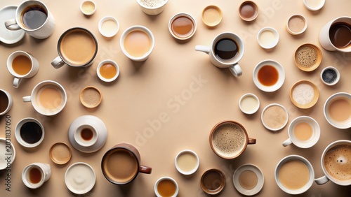 Aromatic Coffee and Creamer Assortment  A Flat Lay of Various Coffee Drinks and Cream Options Arranged in a Frame on a Neutral Background.