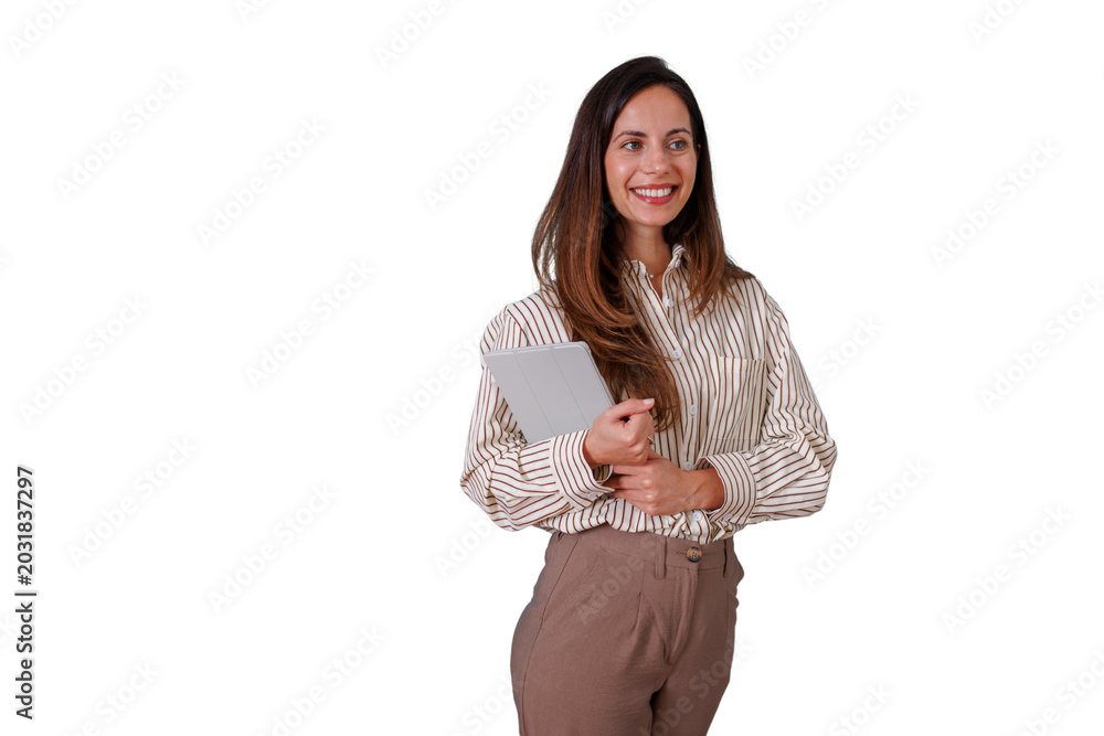 Fototapeta premium Professional woman holding tablet, smiling, looking away, confident corporate employee standing with technology