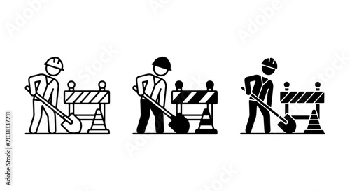 Quadro su tela Construction Worker Icons, Roadwork Safety Barriers, Digging Shovel Vector Set