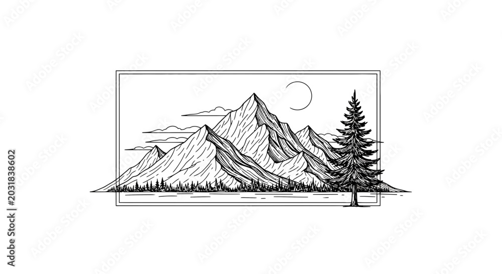Obraz premium Hand-drawn mountain range with pine tree and moon, minimalist line art landscape