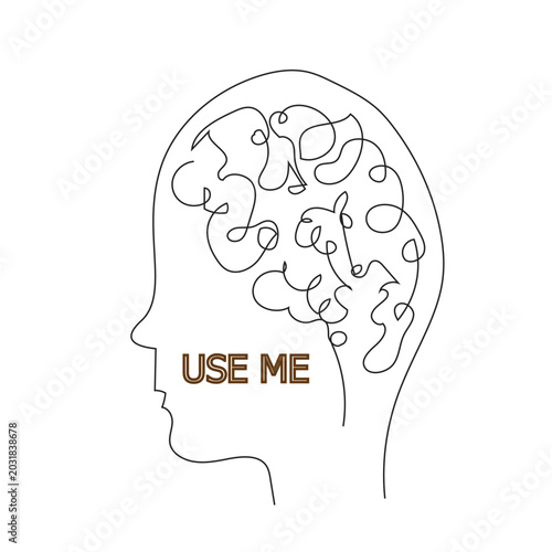 Tangled brain line art human head profile vector illustration