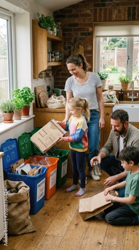 Joyful family, mother, father, children sorting household recyclables, teaching sustainable habits, responsible waste management, eco friendly lifestyle in a cozy kitchen