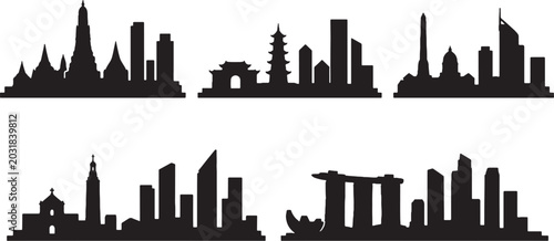 Obraz na plátně Low Detail Southeast Asia Skyline Silhouette Bundle Minimal Cityscape Vector