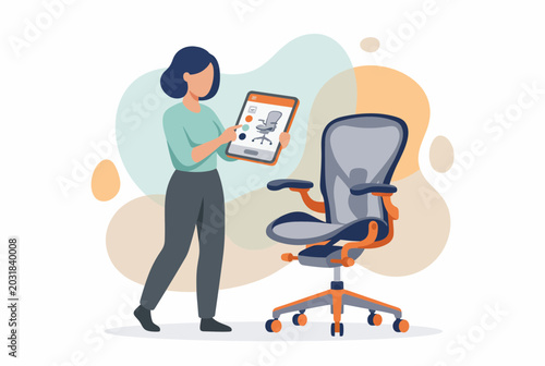Modern retail experience with woman customizing office chair on tablet