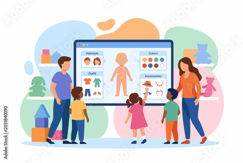 Family Customizing Avatars on Digital Screen in Modern Retail Store